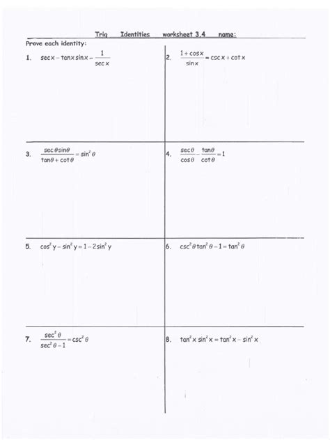 proving double angle identities worksheet